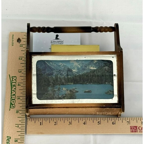 Vtg Wood Mini Magazine Rack Desktop Letter Holder Postcard Rocky Mountain Scene - Picture 10 of 10